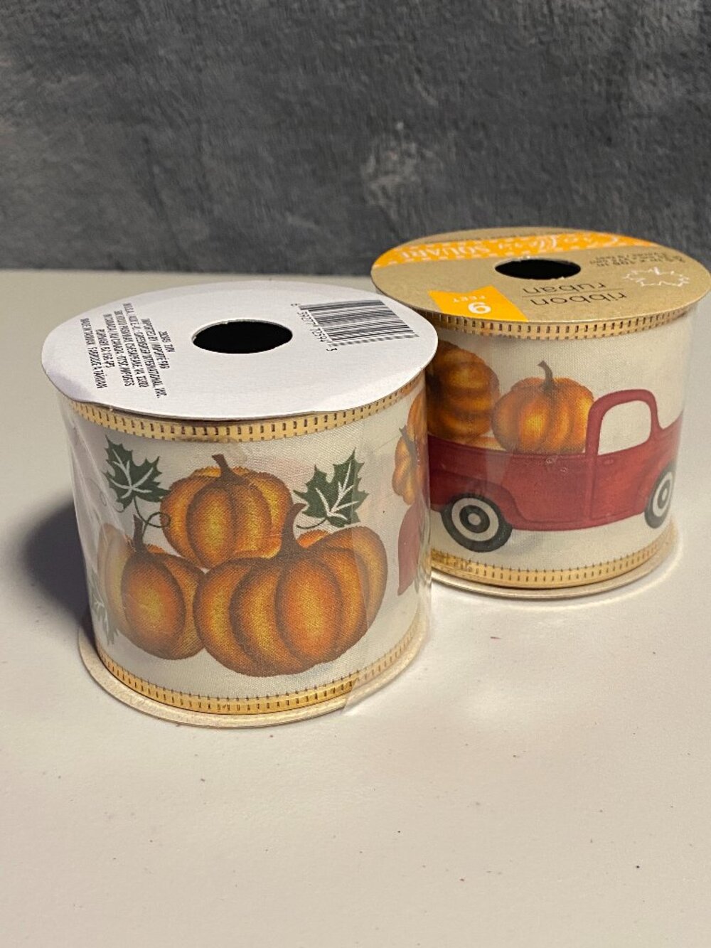 Set of 2 NWT Classic Fall Red Truck and Pumpkins Ribbon Spools